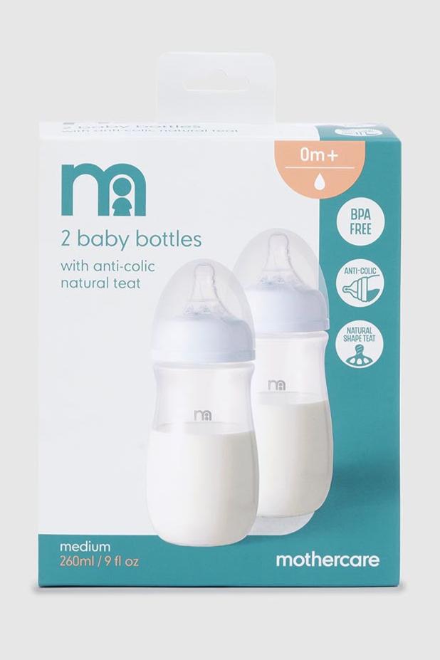 Mothercare Wide-Neck 260ml Bottles with Anti-Colic Teats - 2 Pack