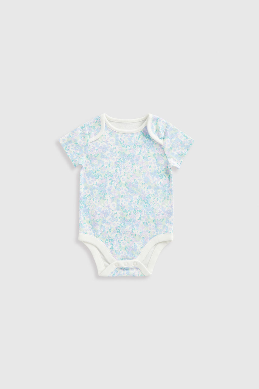 Blue Floral Short-Sleeved Bodysuits - 5 Pack