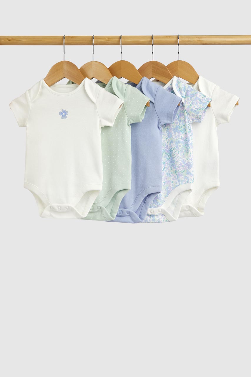 Blue Floral Short-Sleeved Bodysuits - 5 Pack