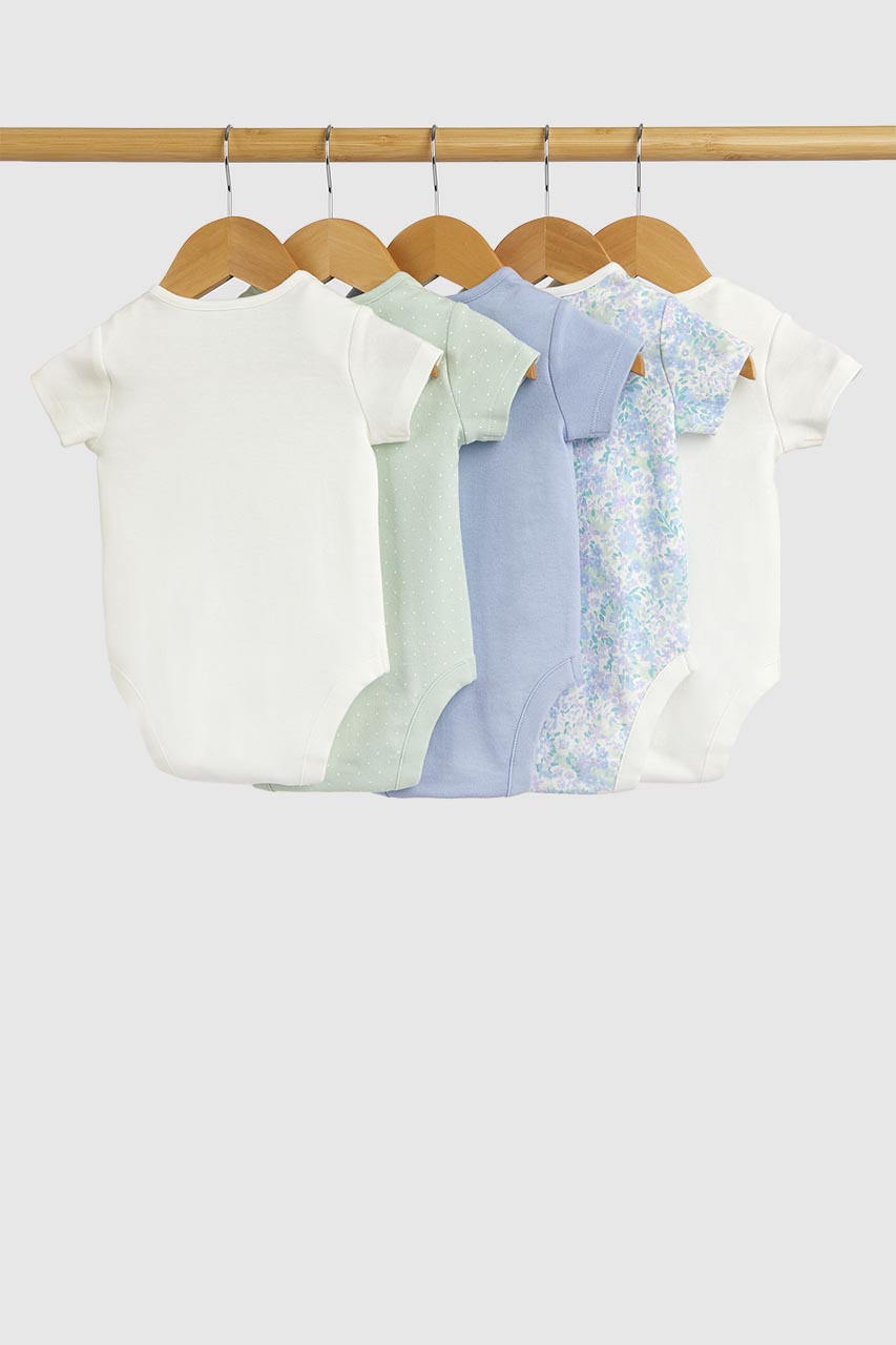 Blue Floral Short-Sleeved Bodysuits - 5 Pack