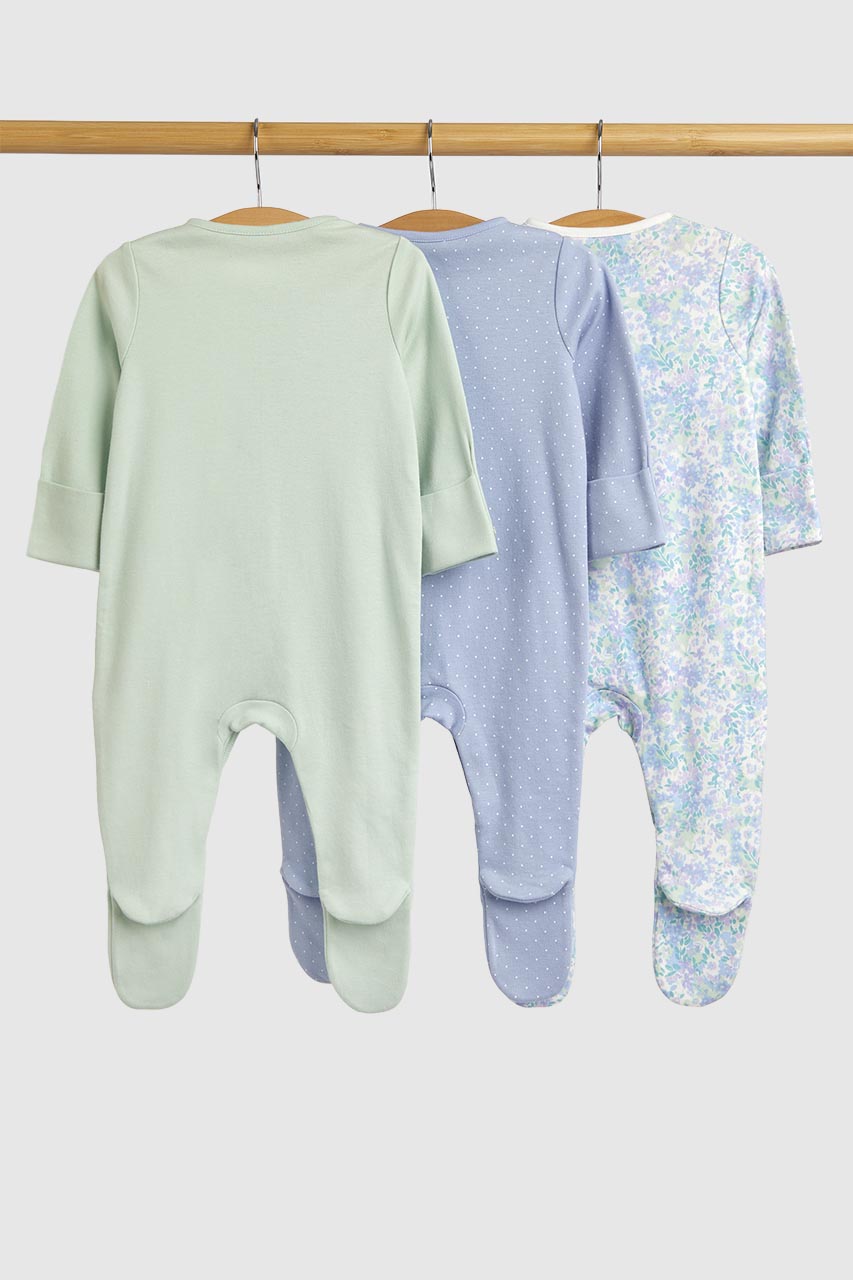 Blue Floral Baby Sleepsuits - 3 Pack