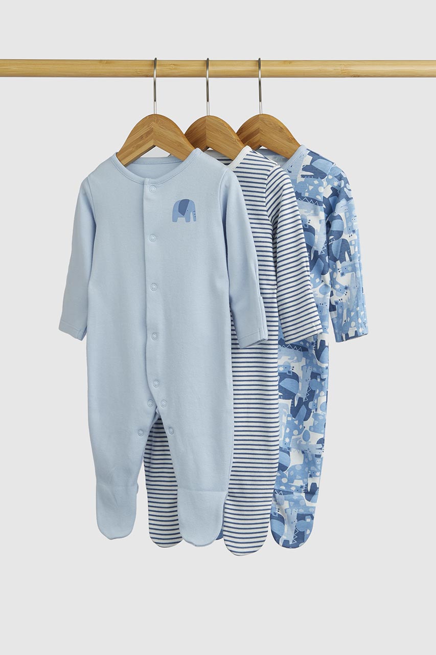 Blue Animal Baby Sleepsuits - 3 Pack