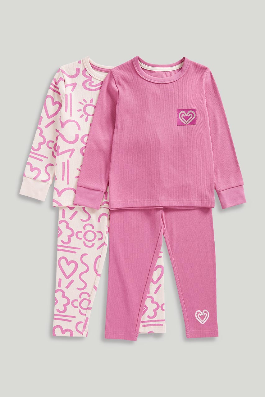 Scribble Ribbed Pyjamas - 2 Pack (Pink)