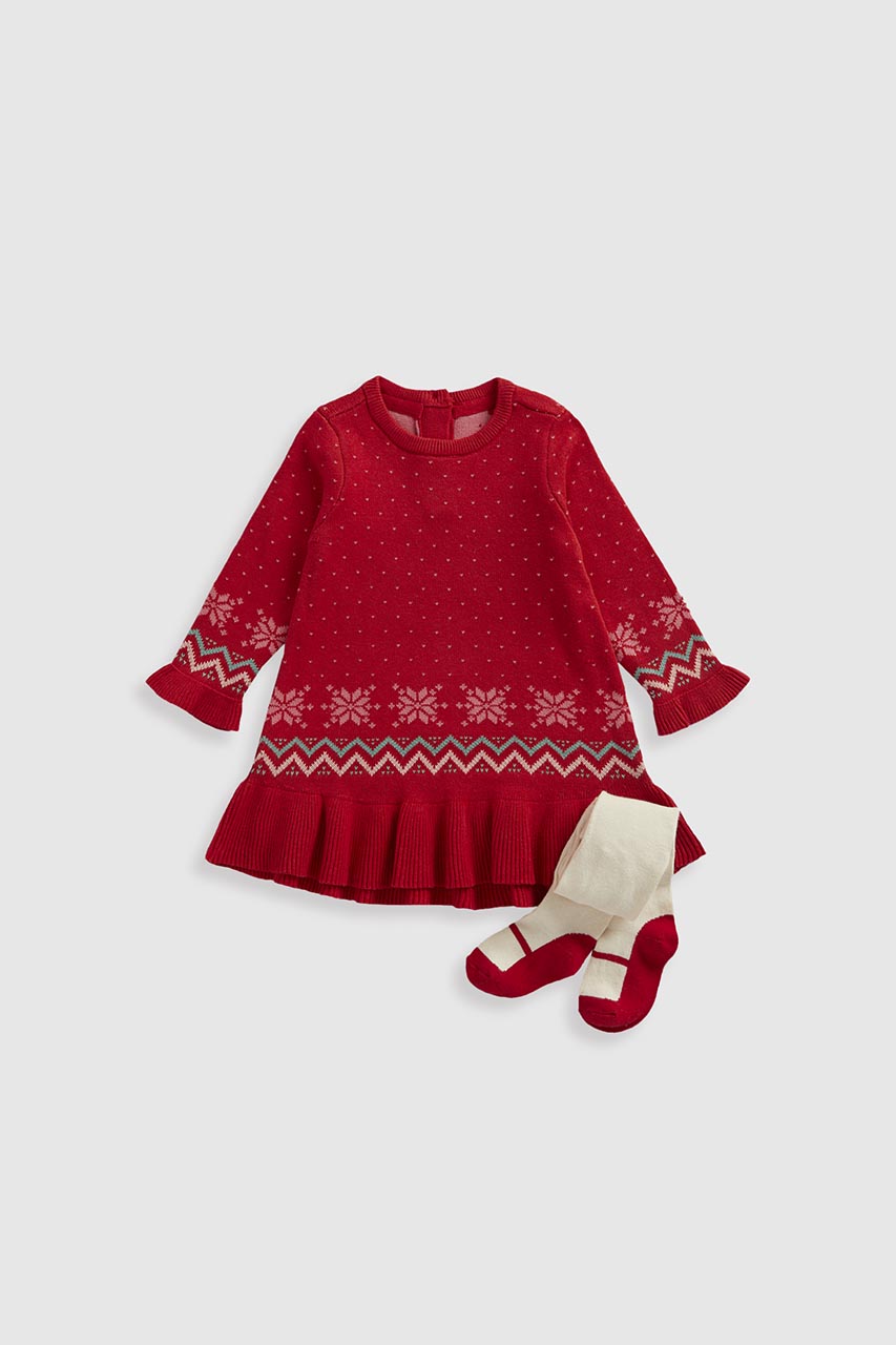 Red Fair Isle Knitted Dress and Tights Set