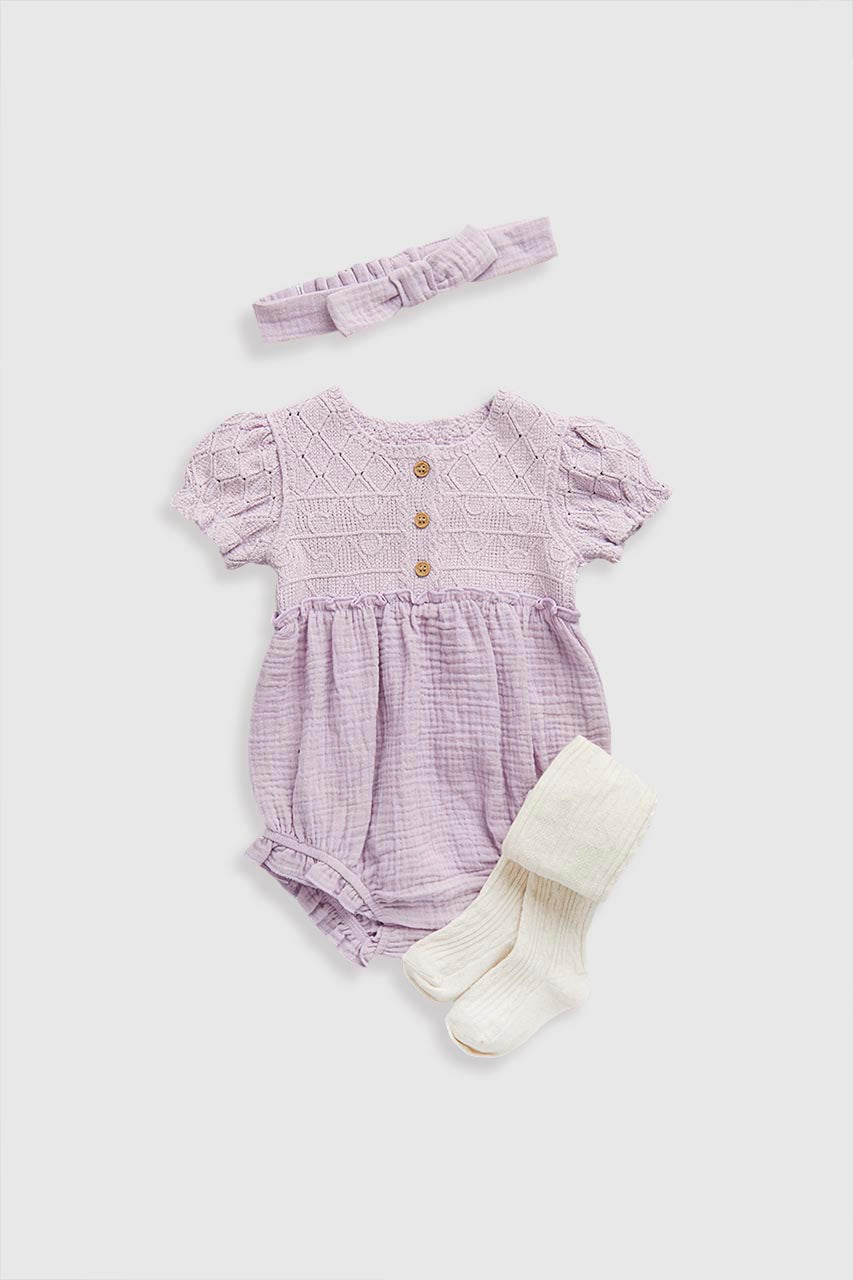 Pink Romper, Tights and Headband Set