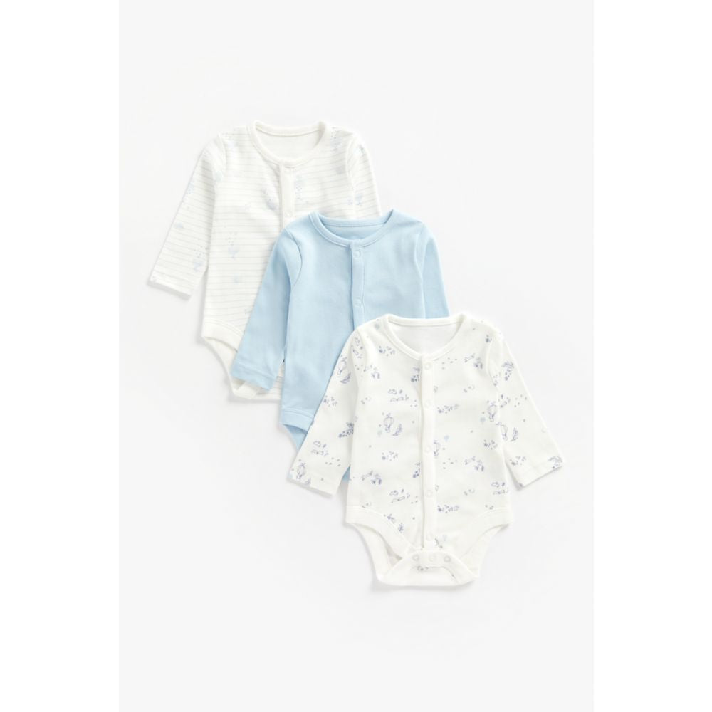Mothercare Blue Popper Organic Cotton Long Sleeved Bodysuits - 3 Pack