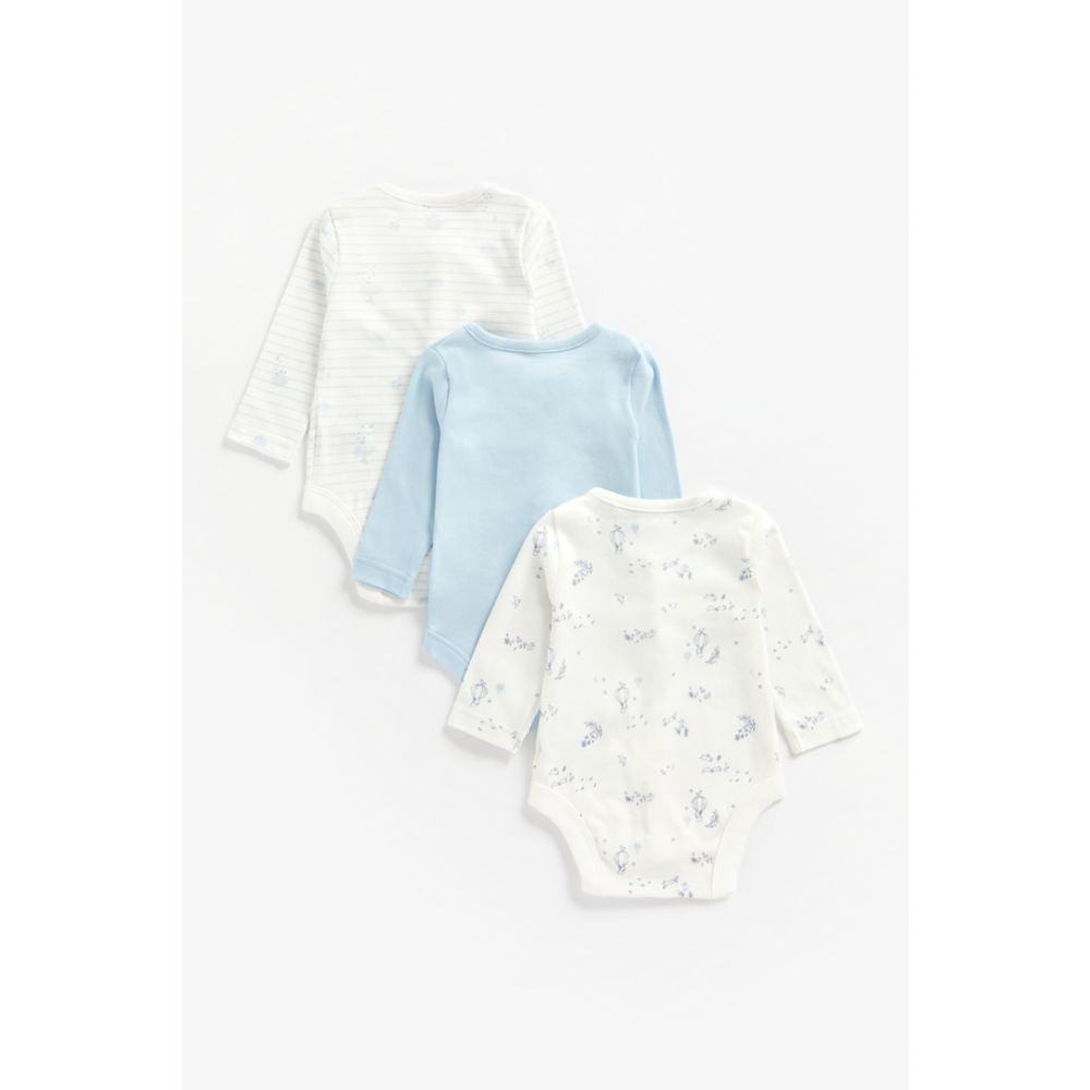 Mothercare Blue Popper Organic Cotton Long Sleeved Bodysuits - 3 Pack